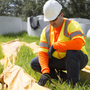 Un trabajador en una obra de construcción. Lleva una camisa naranja de manga larga debajo de un chaleco reflectante de seguridad