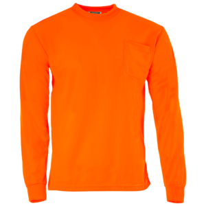Vista frontal de las camisetas de manga larga de seguridad Hi-vis naranjas