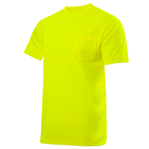 Vista diagonal de la camiseta de seguridad Hi-Vis de manga corta en amarillo lima con bolsillo en el pecho