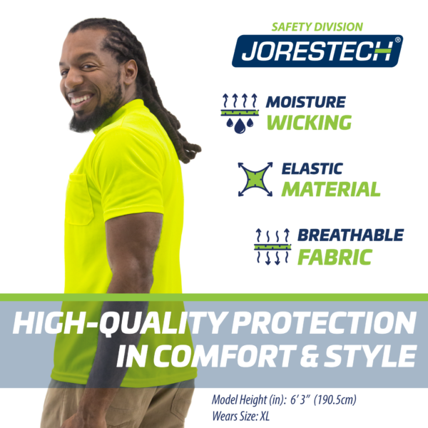 Hombre vistiendo la camiseta de seguridad de alta visibilidad amarilla/lima JORESTECH. Los iconos azules y verdes indican tejido que absorbe la humedad, material elástico, tela transpirable, protección de alta calidad con comodidad y estilo.