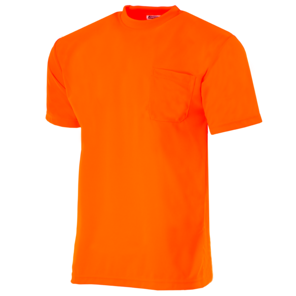 Vista diagonal de la camiseta de seguridad de manga corta con bolsillo Hi-Vis naranja