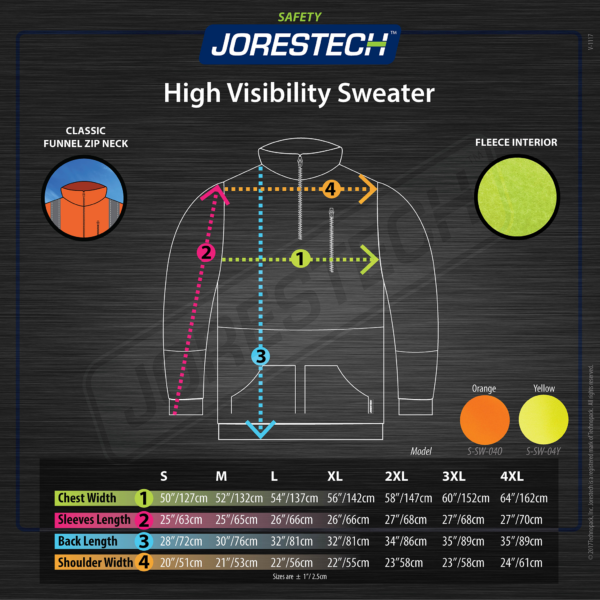 Tabla de tallas del suéter de alta visibilidad JORESTECH