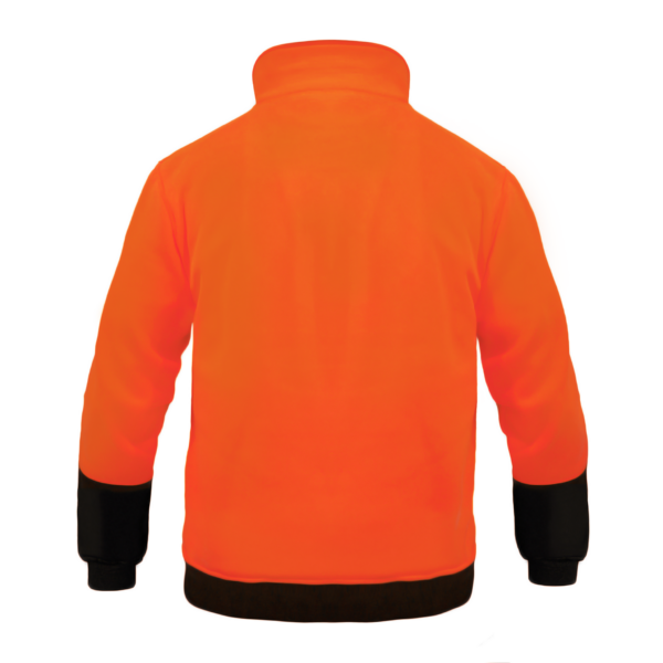Sudadera JORESTECH naranja de alta visibilidad. El jersey tiene cuello alto negro, media cremallera y un bolsillo en el pecho que se cierra con una cremallera negra.