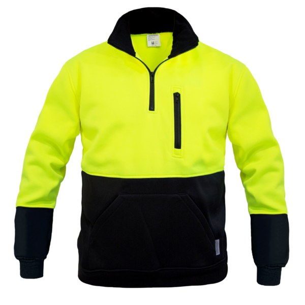Sudadera JORESTECH de alta visibilidad amarilla y negra. El sweater tiene cuello alto negro, media cremallera y un bolsillo en el pecho que se cierra con cremallera.