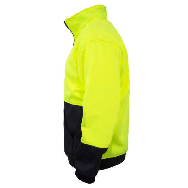 Vista lateral de la sudadera JORESTECH amarillo fluorescente y negro con media cremallera