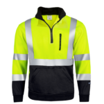 Suéter de seguridad amarillo JORESTECH de alta visibilidad con franjas reflectantes de 2". Este suéter cuenta con medio cierre, cuello alto con capa interior de forro polar en la parte posterior, un bolsillo en el pecho con cremallera y un amplio bolsillo en la cintura para ambas manos.