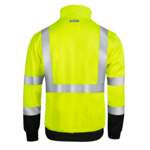 Suéter de seguridad de alta visibilidad JORESTECH color lima con franjas reflectantes de 2". Este suéter cuenta con media cremallera, cuello alto con capa interior de fleece, un bolsillo en el pecho con cremallera y un gran bolsillo a la cintura para ambas manos.