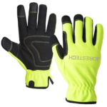 Un par de guantes de trabajo de seguridad JORESTECH® de alta visibilidad en amarillo y negro con pantalla táctil
