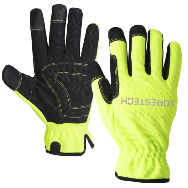 Un par de guantes de trabajo de seguridad JORESTECH® de alta visibilidad en amarillo y negro con pantalla táctil
