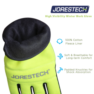 Mostrando el forro interior negro de los guantes de trabajo de seguridad JORESTECH de alta visibilidad con pantalla táctil y forro polar. Las características indican: guante de trabajo de invierno de alta visibilidad. Forro polar 100% algodón, suave y transpirable para una comodidad duradera, nudillos acolchados para absorción de impactos