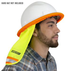 Un hombre que lleva un casco de seguridad de ala completa con una protección para el cuello de dos tonos JORESTECH