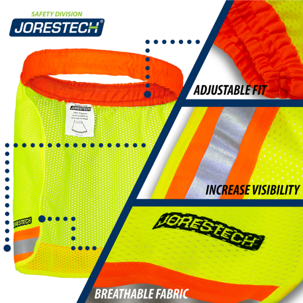 Muestra un protector para cuello JORESTECH para casco de alta visibilidad bicolor, lima y naranja, con cinta reflectante y 3 indicaciones que dicen: ajuste regulable, mayor visibilidad, tejido de malla transpirable