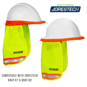 Muestra 2 cascos de seguridad con protector de nuca para casco de alta visibilidad de 2 tonos. Uno está instalado en un casco de ala completa y el otro en un casco blanco estilo gorra. El texto dice: compatible con JORESTCH HHAT-01 y HHAT-02