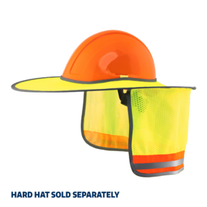 Imagen de un protector solar de dos tonos Vi Vis JORESTECH instalado en un casco de seguridad naranja redondo de ala completa. El texto dice: El casco de seguridad se vende por separado