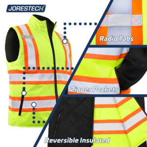 Mostrando un chaleco de seguridad acolchado JORESTECH amarillo y primeros planos que destacan las trabillas para radio, el material acolchado reversible y los bolsillos con cremallera en la cintura