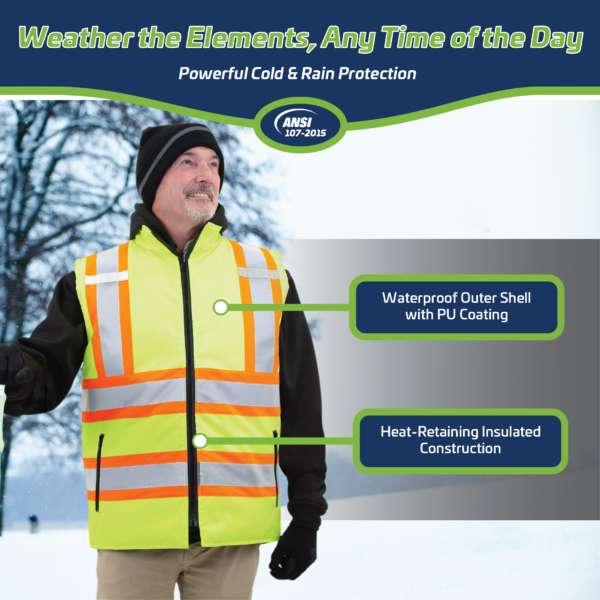 Trabajador que lleva el chaleco de seguridad ANSI impermeable, aislante, reversible, de 2 tonos y alta visibilidad, clase 2 tipo R