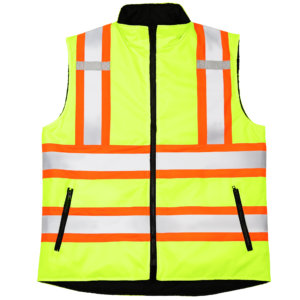 Vista frontal del chaleco de seguridad aislante reflectante de dos tonos amarillo y naranja JORESTECH®