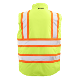 Vista trasera del chaleco de seguridad aislante JORESTECH® bicolor amarillo y naranja con franjas reflectantes