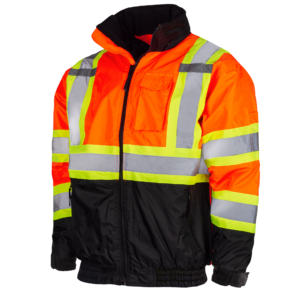 Vista diagonal de la chaqueta bomber de seguridad JORESTECH de alta visibilidad, bicolor en naranja y amarillo, con franjas reflectantes y parte inferior negra