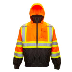 Chaqueta bomber de seguridad JORESTECH de alta visibilidad bicolor naranja y negro con rayas reflectantes y capucha, clase 3 tipo R