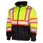 Vista diagonal de la chaqueta bomber de seguridad JORESTECH de alta visibilidad bicolor lima y negro con franjas reflectantes y parte inferior negra