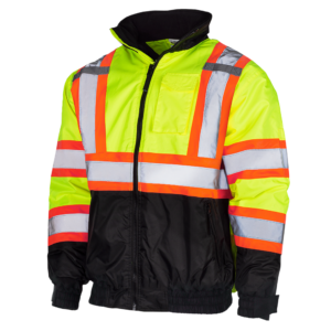 Vista diagonal de la chaqueta bomber de seguridad JORESTECH de alta visibilidad bicolor lima y negro con franjas reflectantes y parte inferior negra