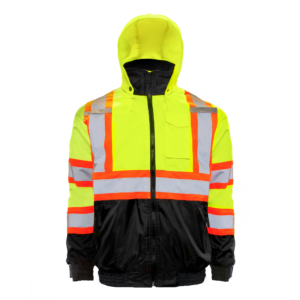Vista frontal de la chaqueta bomber de seguridad JORESTECH de dos tonos amarillo y negro con franjas reflectantes y capucha, ANSI clase 3 tipo R