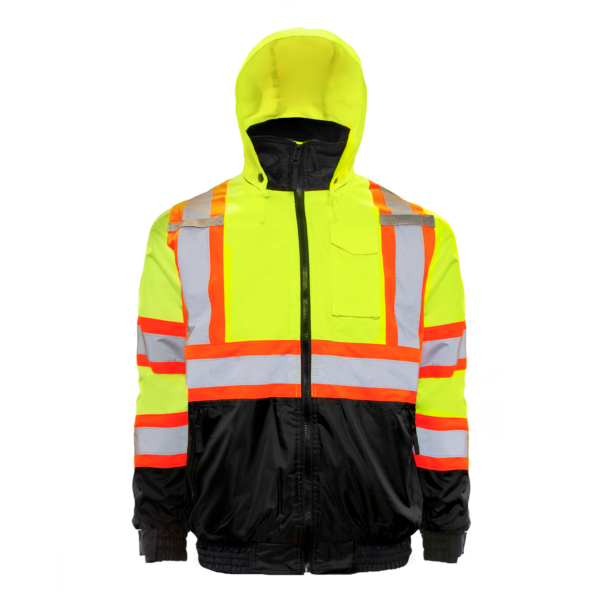 Vista frontal de la chaqueta bomber de seguridad JORESTECH de dos tonos amarillo y negro con franjas reflectantes y capucha, ANSI clase 3 tipo R