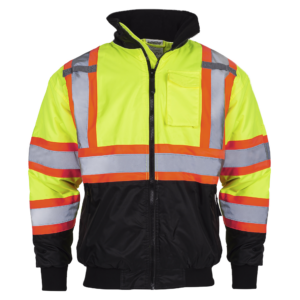 Chaqueta bomber de seguridad de alta visibilidad bicolor con franjas reflectantes, capucha oculta, X en la espalda y parte inferior negra