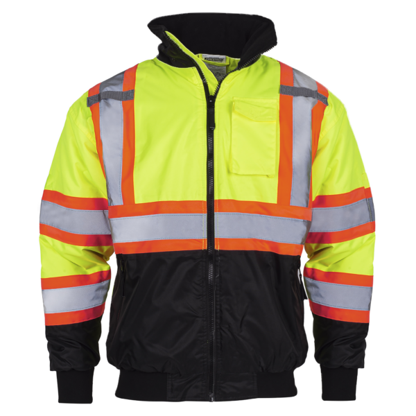 Chaqueta bomber de seguridad de alta visibilidad bicolor con franjas reflectantes, capucha oculta, X en la espalda y parte inferior negra