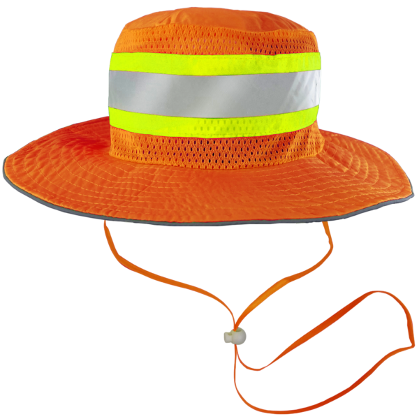 Presenta un sombrero de seguridad boonie naranja con franjas reflectantes y cordón ajustable