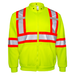 Vista frontal del jersey JORESTECH de alta visibilidad en amarillo con franjas reflectantes y franjas naranjas en contraste. Jersey con bolsillo grande, capucha desmontable, pestañas para radio y una X en la espalda