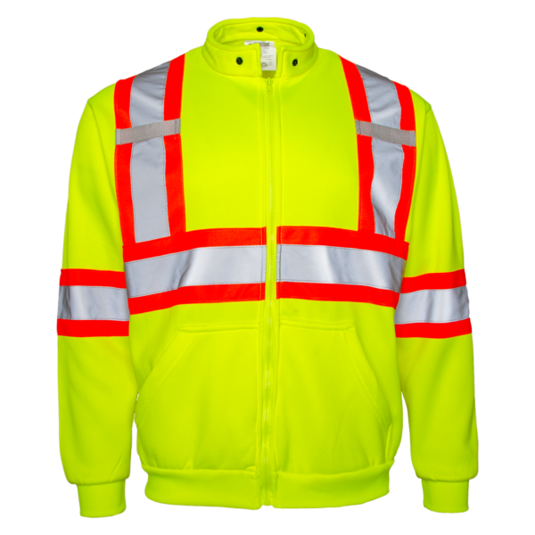 Vista frontal del jersey JORESTECH de alta visibilidad en amarillo con franjas reflectantes y franjas naranjas en contraste. Jersey con bolsillo grande, capucha desmontable, pestañas para radio y una X en la espalda