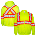 Muestra una vista frontal y una vista trasera de la sudadera con capucha de seguridad de dos tonos amarilla de alta visibilidad con franjas reflectantes. Esta sudadera tiene franjas reflectantes y también franjas contrastantes naranjas.