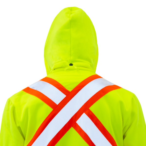 Suéter amarillo de alta visibilidad con franjas reflectantes y naranjas en contraste, X en la espalda y capucha desmontable. Cumple con ANSI y CSA