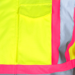Chaqueta de seguridad de dos tonos de alta visibilidad con franjas reflectantes y contraste rosa con bolsillo en el pecho