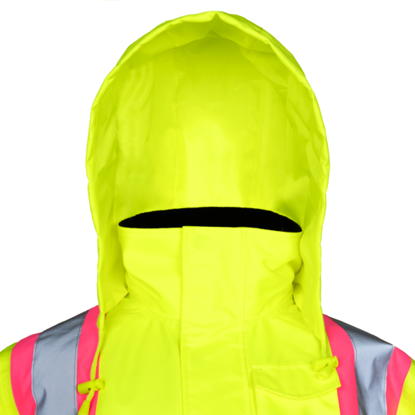Chaqueta de seguridad de alta visibilidad bicolor con franjas reflectantes y contraste rosa con capucha