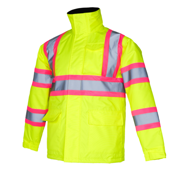Chaqueta de seguridad de alta visibilidad bicolor con bandas reflectantes y contraste rosa, cumple con ANSI