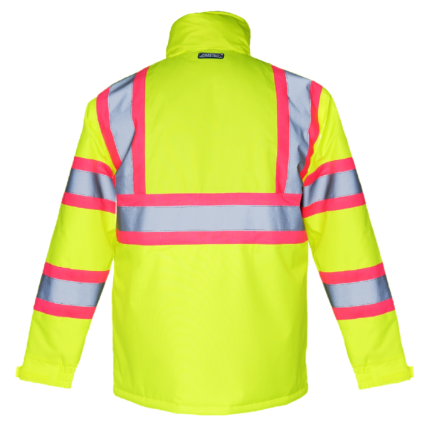 Chaqueta de seguridad de alta visibilidad bicolor con cintas reflectantes y contraste rosa Clase 3 Tipo R