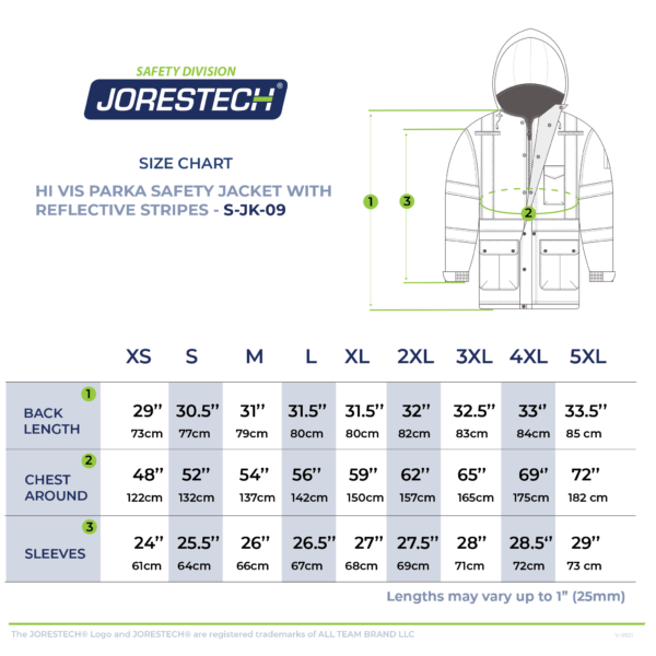 Tabla de tallas de la chaqueta de seguridad de alta visibilidad con franjas reflectantes para invierno