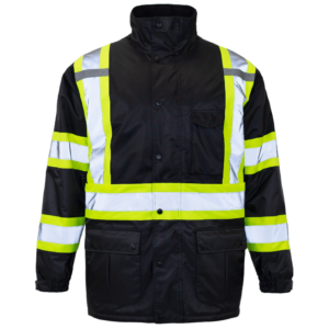 Chaqueta de seguridad negra y lima de alta visibilidad con franjas reflectantes, trabillas para radio, múltiples bolsillos y X en la espalda