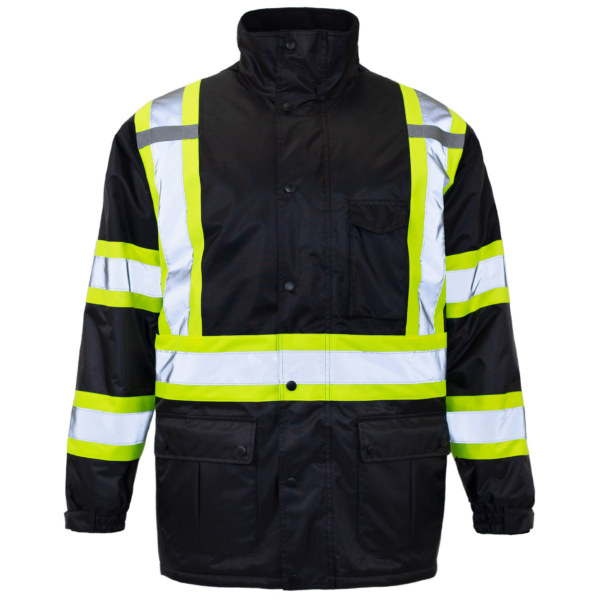 Chaqueta de seguridad negra y lima de alta visibilidad con franjas reflectantes, trabillas para radio, múltiples bolsillos y X en la espalda