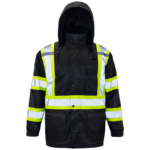 Chaqueta de seguridad aislante de alta visibilidad bicolor con franjas reflectantes y capucha