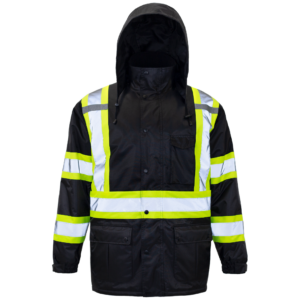 Chaqueta de seguridad aislante de alta visibilidad bicolor con franjas reflectantes y capucha