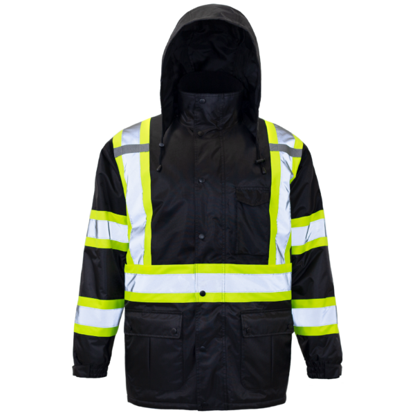 Chaqueta de seguridad aislante de alta visibilidad bicolor con franjas reflectantes y capucha