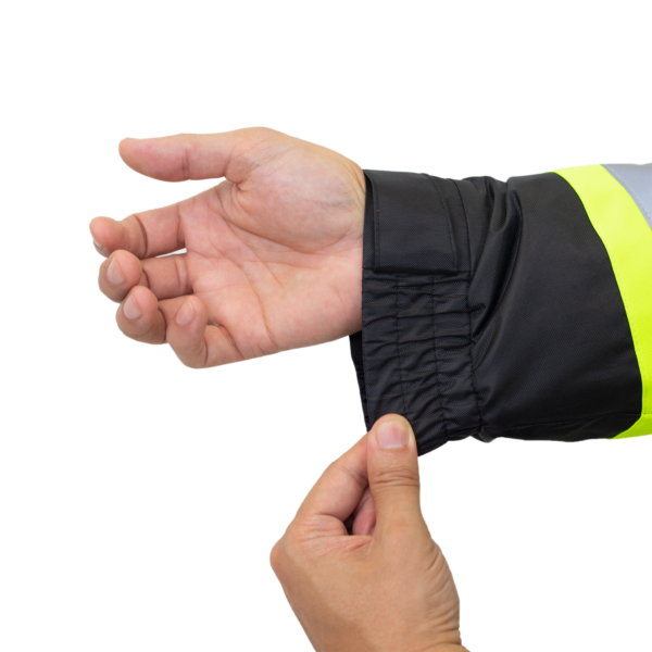 Chaqueta de seguridad de alta visibilidad con puños elásticos y ajustables para mejorar la protección contra las inclemencias del tiempo