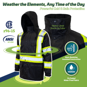 Chaqueta parka de alta visibilidad color negro, conforme a ANSI y CSA. El texto dice: cuello alto forrado de polar, para una protección potente contra el frío y la lluvia, construcción aislante que retiene el calor y recubrimiento de PU.