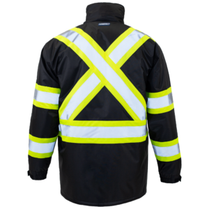 Chaqueta de seguridad de alta visibilidad conforme a ANSI y CSA con X en la espalda, franjas reflectantes y capucha