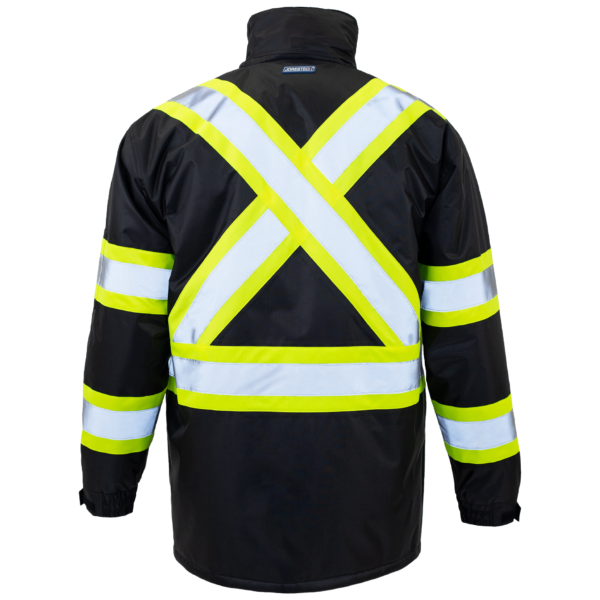 Chaqueta de seguridad de alta visibilidad conforme a ANSI y CSA con X en la espalda, franjas reflectantes y capucha