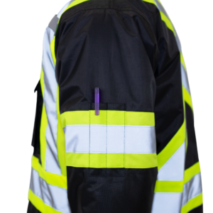 Chaqueta de seguridad negra y amarilla de alta visibilidad con franjas reflectantes y bolsillos para bolígrafo en la manga
